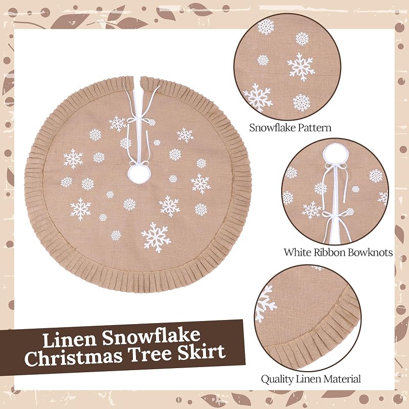 Zomiboo 47 Inch Christmas Tree Skirt Topper Bow Ribbon Set, Linen