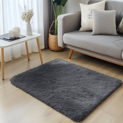 OLANLY 3x3 Machine Washable Small Bedside Rug, Soft Fluffy Shaggy Entryway Throw Rugs for Bedroom, Living Room, Indoor Floor Carpet for Kids Girls and Boys, Nursery Rooms, Home Decor Aesthetic, Grey