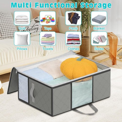 4 Pack Skiennix Extra Large Comforter Storage Bags - Foldable Bedding Organizers with 3 Clear Windows, Grey