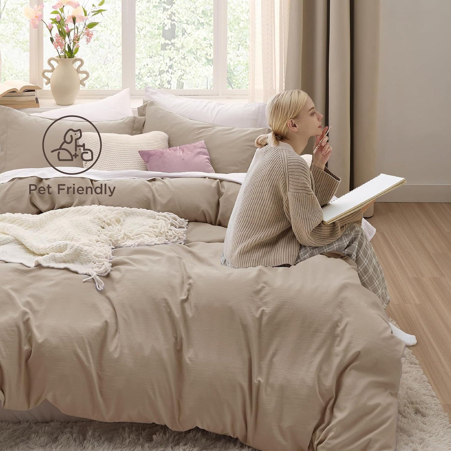 Bedsure Duvet Cover Set - King Size Light Brown Cotton-Like Bedding, 3 Pieces with Zipper Closure & Pillow Shams