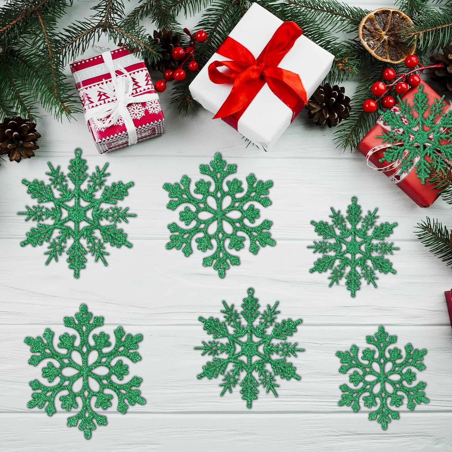 Skiennix Dark Green Christmas Snowflake Ornaments - 36Pcs Glitter Hanging Decor for Holiday Home & Winter Parties