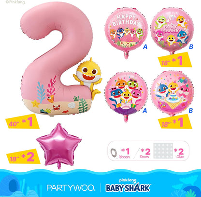 PartyWoo Baby Shark Pink Foil Number 2 Balloon - 5pcs 18-Inch Round Mylar Helium Birthday Decorations for Kids