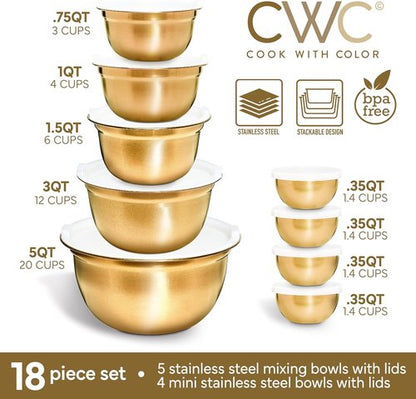 Cook With Color 18-Piece Mixing Bowls Set - Airtight Lids & Stainless Steel Organizers | Gold Kitchen Storage