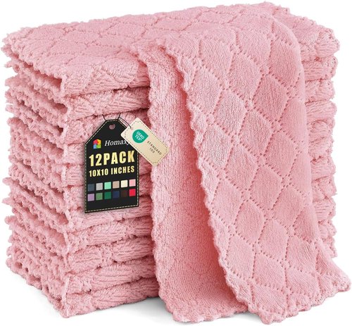 Homaxy Kitchen Dish Cloths - Super Soft & Absorbent Coral Velvet | 12 Pack, 10 x 10 Inches, Pink
