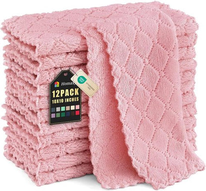 Homaxy Kitchen Dish Cloths - Super Soft & Absorbent Coral Velvet | 12 Pack, 10 x 10 Inches, Pink