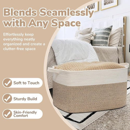 Goodpick Large Woven Blanket Basket - 21.6" x 14.9" x 11.8" Cotton Rope Storage for Living Room & Bedroom - White & Brown