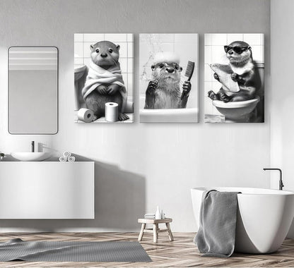 Skiennix Cute Otter Canvas Wall Art - Funny Black and White Animal Print for Bathroom Decor | 3-Piece Set
