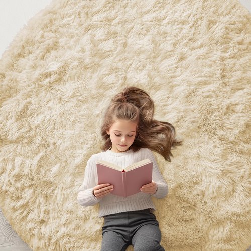OLANLY Cream Round Rugs for Bedroom - Machine Washable, 6 ft Circle Area Rugs for Living Room, Soft and Fluffy Shaggy Carpet for Teen Girl and Boys, Nursery Rooms, Dorms, Home Decor Aesthetic
