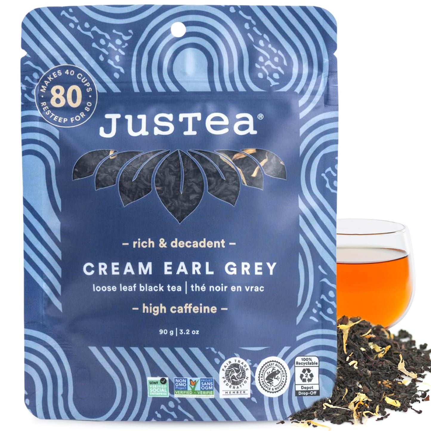 JusTea CREAM EARL GREY | Loose Leaf Black Tea | Recyclable Refill Pouch | 40+ Cups (3.2oz) | High Caffeine | Award-Winning | Fair Trade | Non-GMO