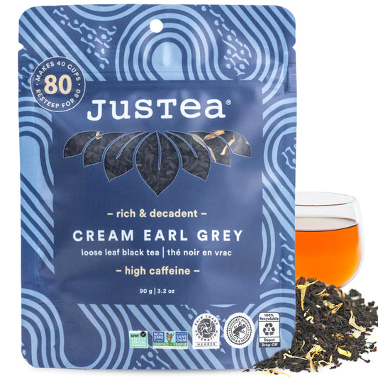 JusTea CREAM EARL GREY | Loose Leaf Black Tea | Recyclable Refill Pouch | 40+ Cups (3.2oz) | High Caffeine | Award-Winning | Fair Trade | Non-GMO