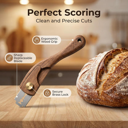 Skiennix Bread Scoring Tool - 100% Walnut Wood Sourdough Scorer with 5 Blades | Perfect for Baking