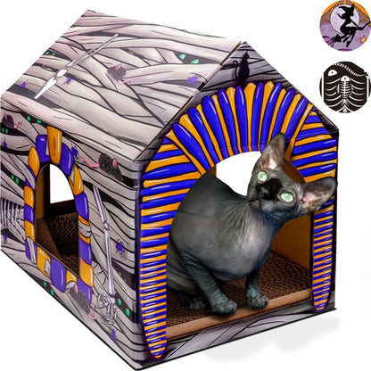 LiBa Cardboard Holiday Cat House with Scratch Pad and Catnip, Cat Bed for Indoor Cats, Cat Scratching Toy, Christmas Decorations Cat Gifts for Cats Mummy House