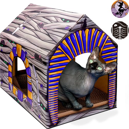 LiBa Cardboard Holiday Cat House with Scratch Pad and Catnip, Cat Bed for Indoor Cats, Cat Scratching Toy, Christmas Decorations Cat Gifts for Cats Mummy House