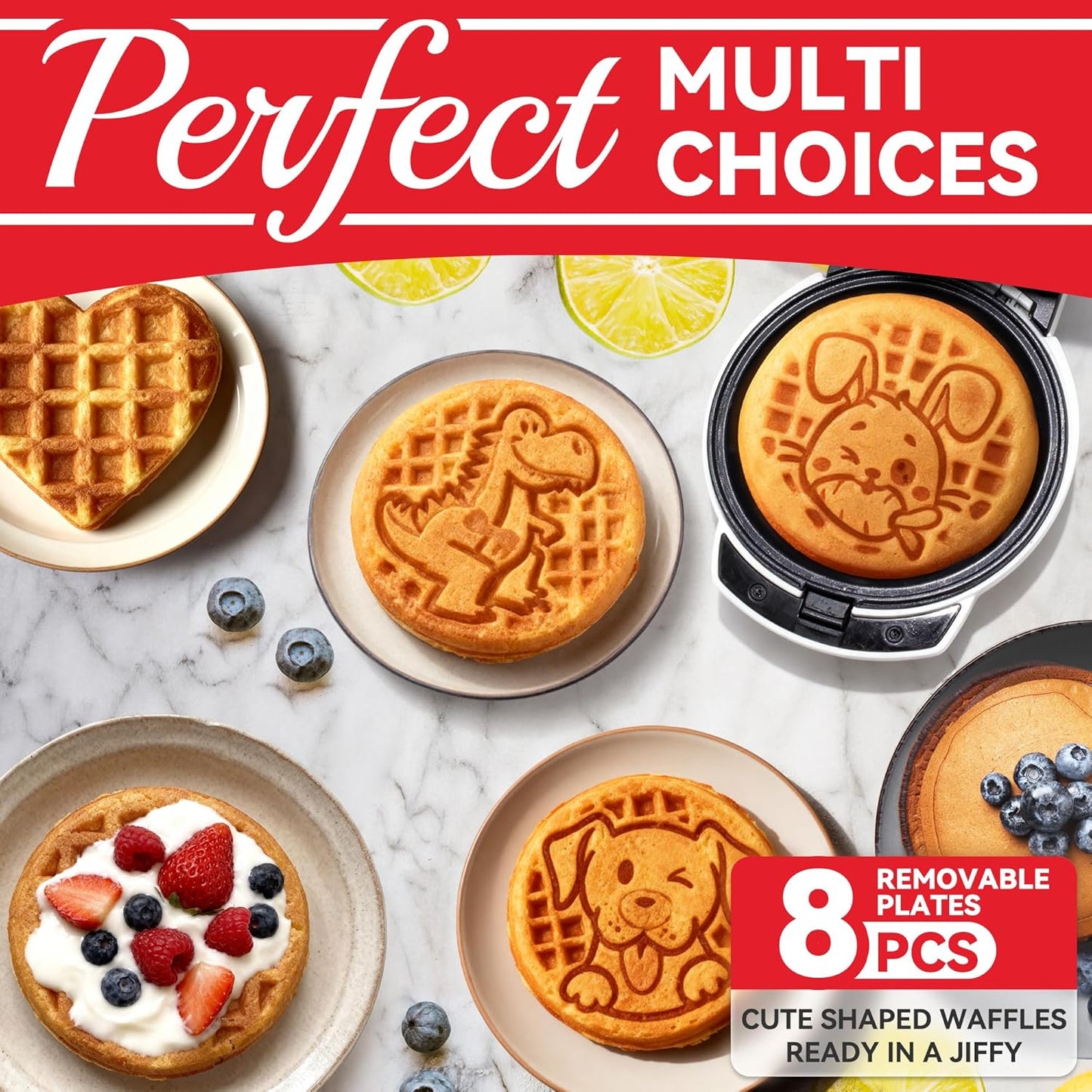 Skiennix 6-in-1 Mini Waffle Maker - Removable Plates & Premium Ceramic Coating, 4.5'' White Waffle Iron