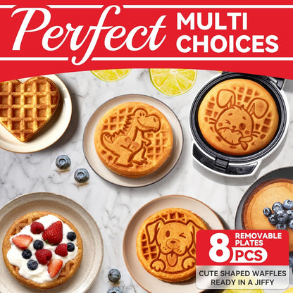 Skiennix 6-in-1 Mini Waffle Maker - Removable Plates & Premium Ceramic Coating, 4.5'' White Waffle Iron