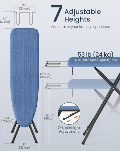 SONGMICS Ironing Board - Height Adjustable Up to 35 Inches | Foldable Design with 4-Layer Cover & Iron Rest - Midnight Blue