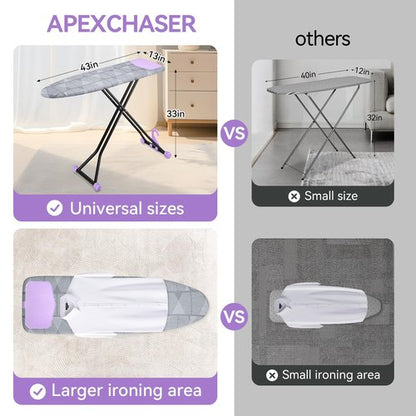 APEXCHASER Ironing Board with Iron Rest, Compact and Space Saver Iron Board, Extra Thick Cover, Height Adjustable, Wall Mount & Closet Hanger 13x43 Grey