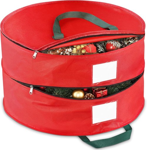 BlessedSeason Wreath Storage Container - Protect Your Holiday Wreaths with Dual Zipper & Handles | 24” Red