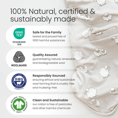 Woolino Ultimate Baby Sleep Sack – 4 Season Merino Wool Sleeping Bag, Organic Cotton Outer, Temp Regulating Blanket, Adjustable Sleep Sack Universal Size 2–24 Months - Night Sky
