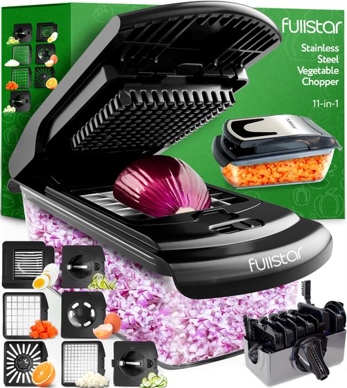 Fullstar Vegetable Chopper, Mandoline Slicer - Cheese Grater, Food Chopper with Container, Kitchen Gadgets, Home Essentials (11-in-1, Black/SS)