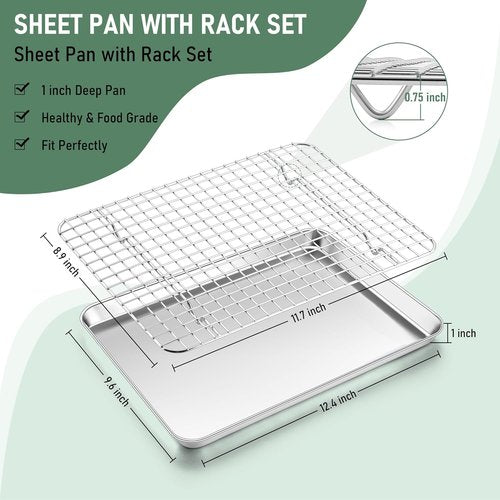 Homikit Stainless Steel Quarter Sheet Pan Set - 2 Baking Sheets & Racks for Toaster Oven | 12" x 10" Inch