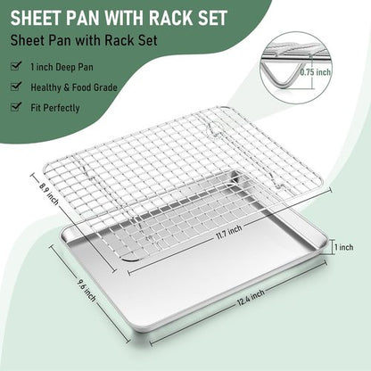 Homikit Stainless Steel Quarter Sheet Pan Set - 2 Baking Sheets & Racks for Toaster Oven | 12" x 10" Inch