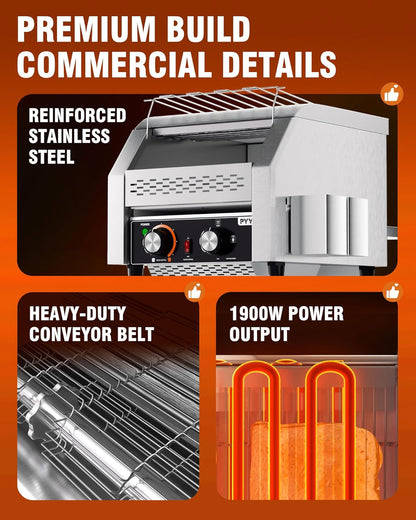 PYY Commercial Conveyor Toaster - 300 Slices/Hour Heavy-Duty Stainless Steel, 1900W, 110V
