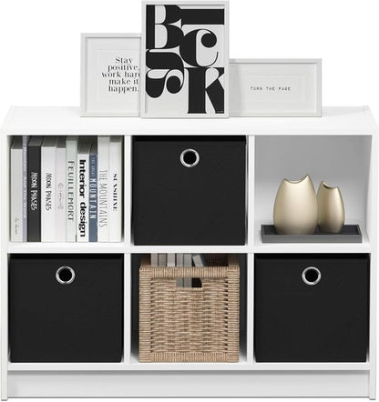Furinno 3x2 Cube Storage Bookcase Organizer - Stylish White/Black Design with Bins