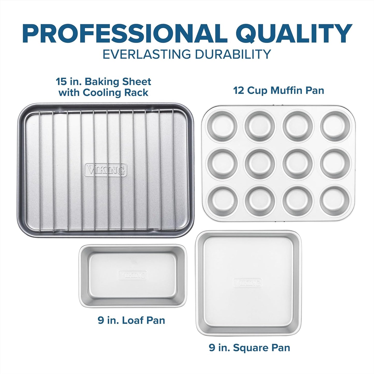 Viking Premium Nonstick Ceramic Baking Pans Set - PFAS-Free Heavy Gauge Bakeware | 5-Piece Oven Safe Set in Silver