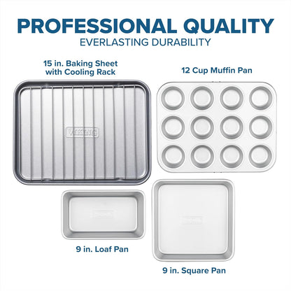 Viking Premium Nonstick Ceramic Baking Pans Set - PFAS-Free Heavy Gauge Bakeware | 5-Piece Oven Safe Set in Silver