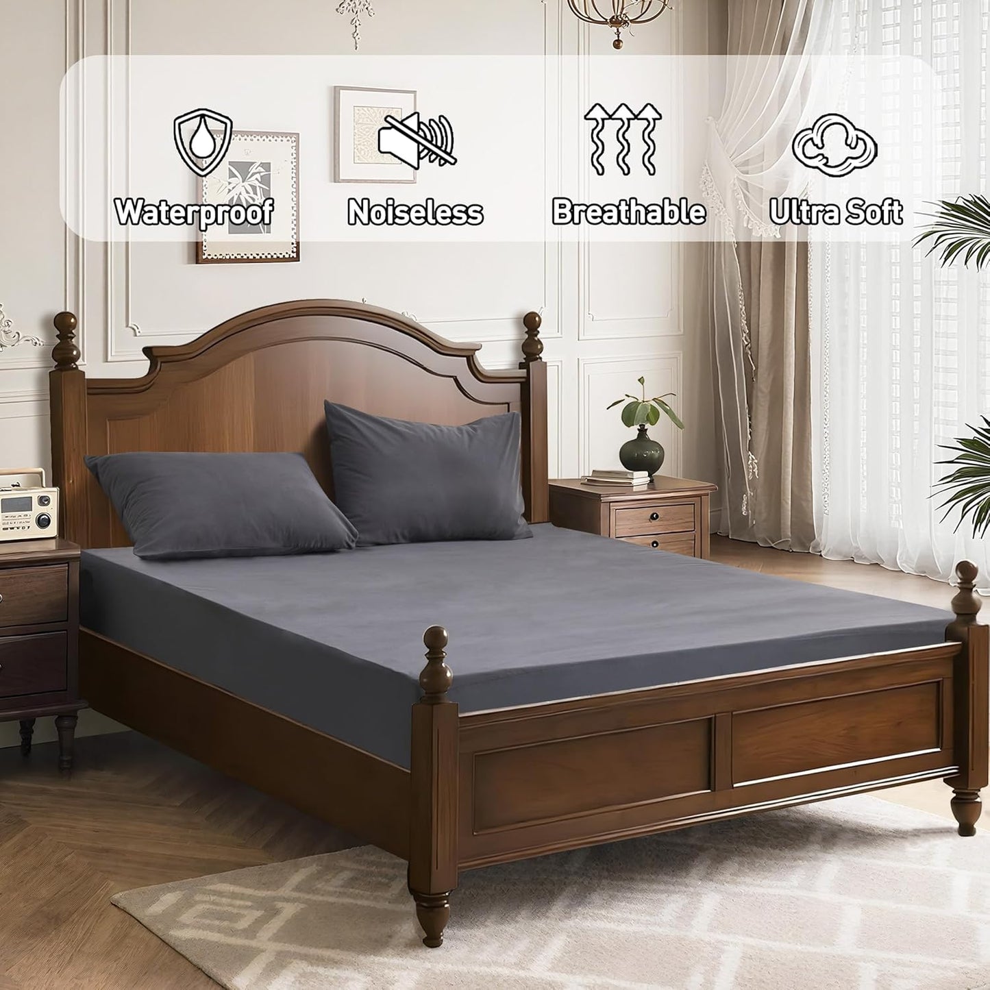 Skiennix Twin Mattress Protector - Waterproof Fitted Cover with 18" Deep Pocket | Noiseless & Breathable, Dark Gray (39" x 75")