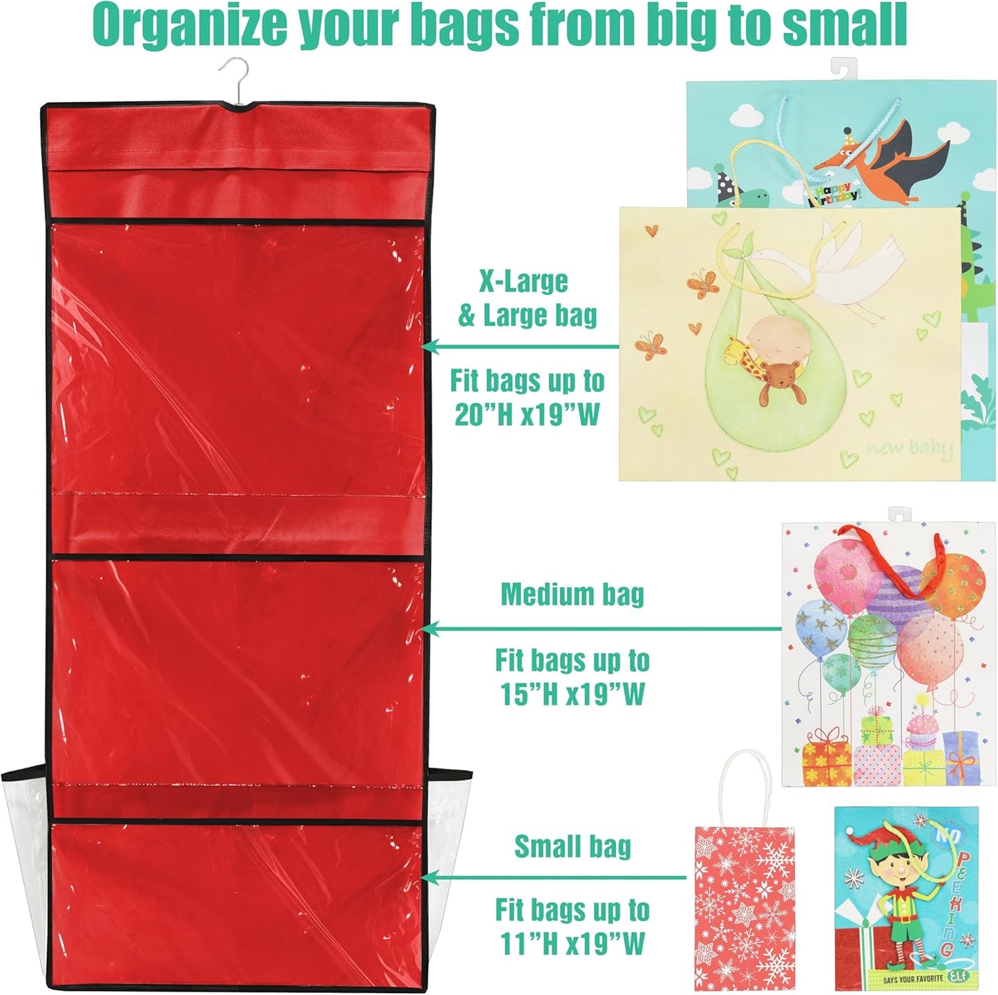 Simple Houseware Double-Sided Gift Wrap Organizer - Red Storage Pockets (Set of 1)
