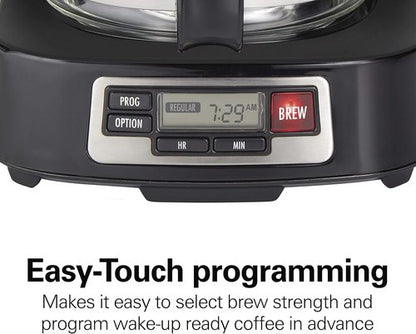 Hamilton Beach 5 Cup Drip Coffee Maker - Compact Design, Programmable Clock, Auto Pause & Pour, Black & Stainless Steel