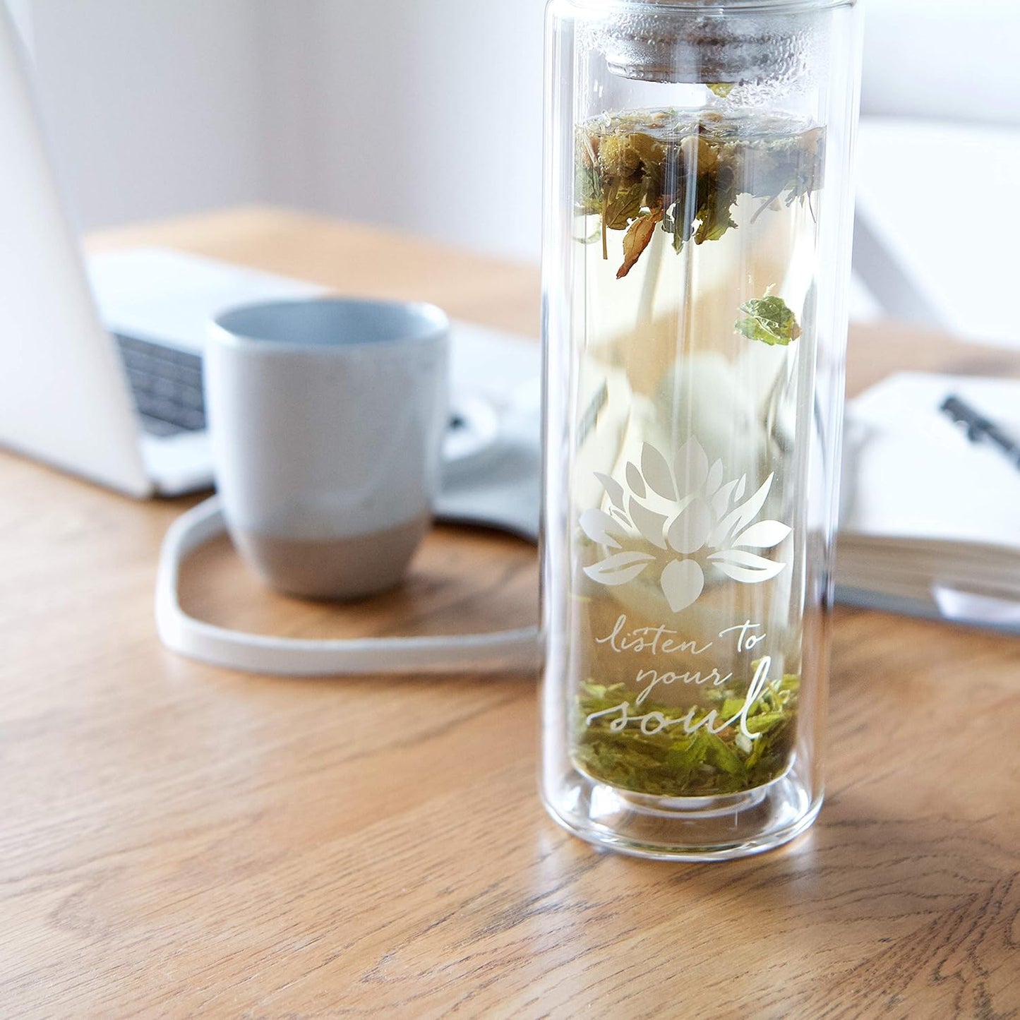 Sacred Lotus Love Double-Walled Glass Tea Tumbler - 15oz Infuser for Loose Leaf Tea & Travel Sleeve