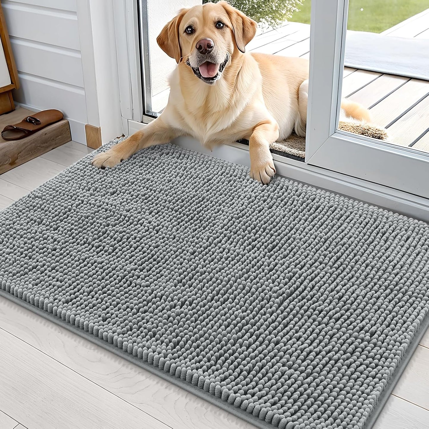 OLANLY Dog Door Mat - Absorbent Non-Slip Chenille Mat for Muddy Paws | 35x24 Inches, Grey