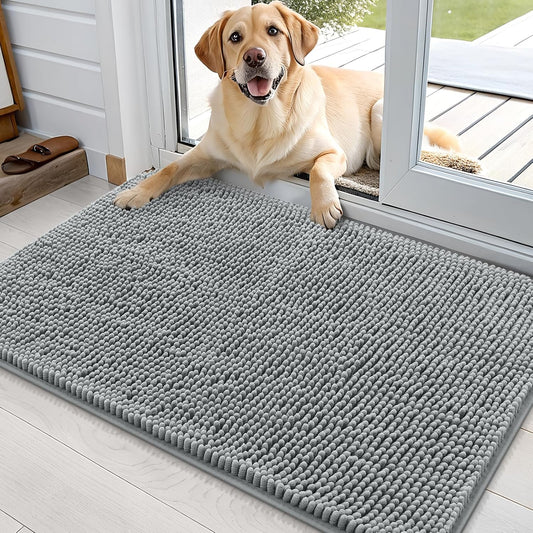 OLANLY Dog Door Mat - Absorbent Non-Slip Chenille Mat for Muddy Paws | 35x24 Inches, Grey