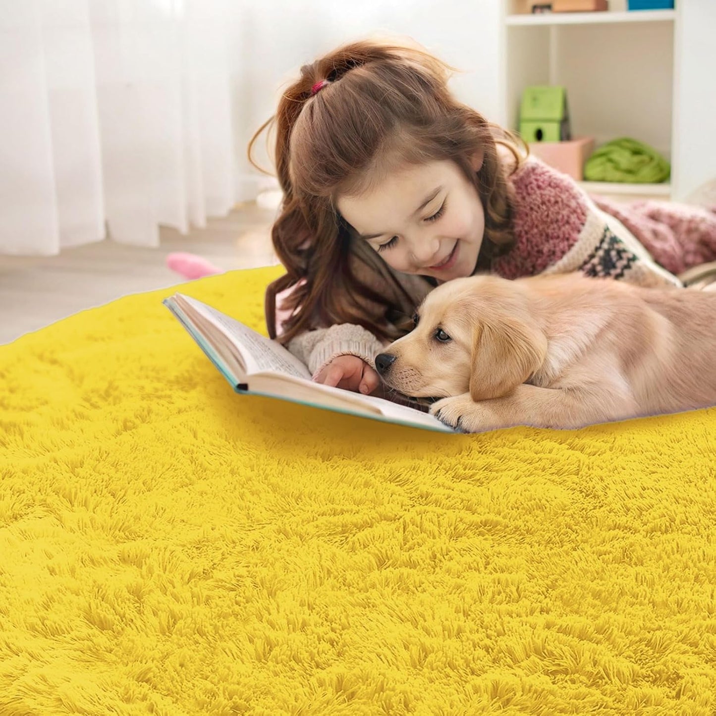 OLANLY Yellow Round Area Rug - Soft, Fluffy, Machine Washable 2 ft Circle Carpet for Bedroom & Nursery Decor