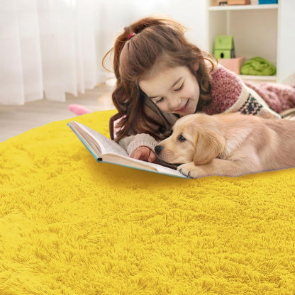 OLANLY Yellow Round Area Rug - Soft, Fluffy, Machine Washable 2 ft Circle Carpet for Bedroom & Nursery Decor