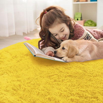 OLANLY Yellow Round Rugs for Bedroom - Machine Washable, 4 ft Circle Area Rugs for Living Room, Soft and Fluffy Shaggy Carpet for Teen Girl and Boys, Nursery Rooms, Dorms, Home Decor Aesthetic
