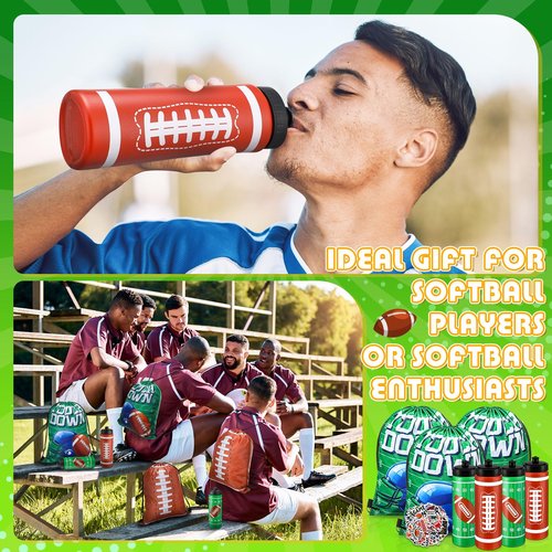 Funnymoom 24 Pcs Football Water Bottle Football Drawstring Bag Set with 50 Sticker Football Party Favors 12 Reusable Sports Squeeze Water Bottle 20oz 12 Football Goodie Gift Bag for Football Team Gift