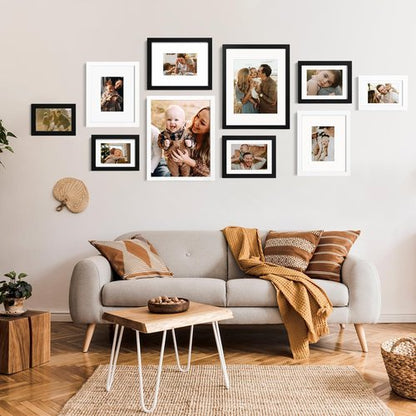 KINLINK 8x10 Picture Frame Black, Solid Wood Frames with Acrylic Plexiglass for Pictures 4x6/5x7 with Mat or 8x10 without Mat, Tabletop and Wall Display Photo Frame, Set of 4