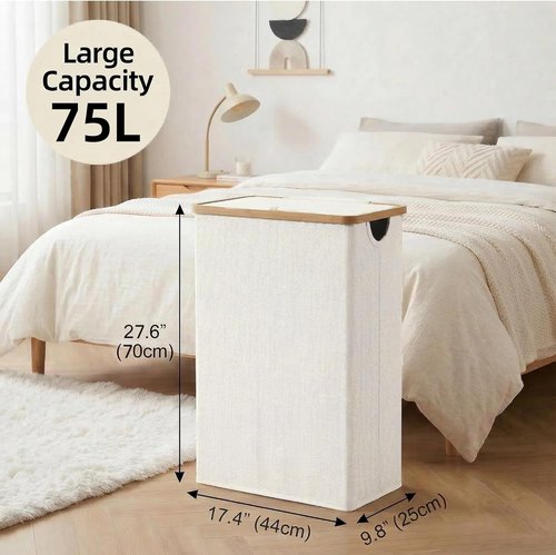 Efluky Slim Laundry Basket - Narrow Hamper with Lid & Removable Bag, 75L Beige for Bathroom & Bedroom