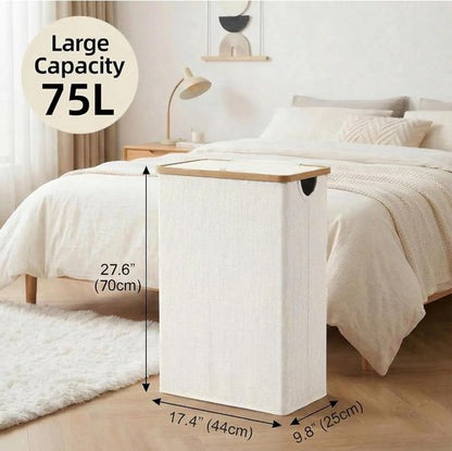 Efluky Slim Laundry Basket - Narrow Hamper with Lid & Removable Bag, 75L Beige for Bathroom & Bedroom