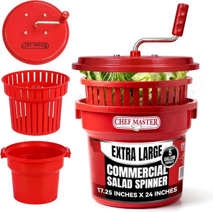 Chef Master 5 Gallon Salad Spinner - Manual Lettuce Dryer & Fruit Washer with Built-In Brake System | Durable Design