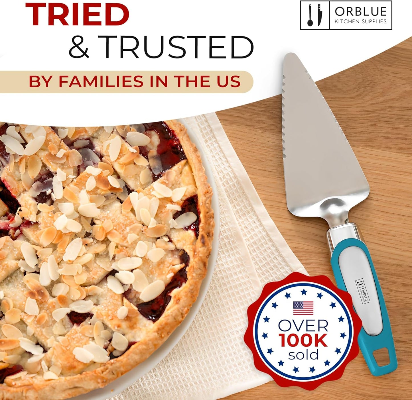 Orblue Pie Server - Serrated Stainless Steel Cake Cutter for Left or Right-Handed Chefs | Blue