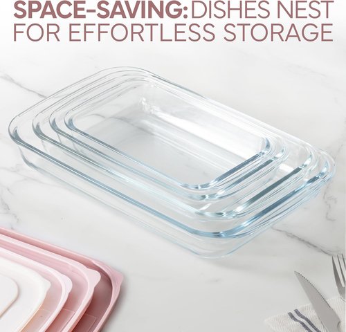 Cook With Color 8 Pc. Glass Baking Dish Set - Deep Casserole Dishes with Lids, Oven & Microwave Safe, Clear & Pink