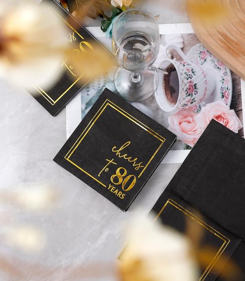 Cheers to Years Cocktail Napkins - 50 Pack 3-Ply Disposable Birthday & Anniversary Napkins | Black & Gold 5x5 Inches