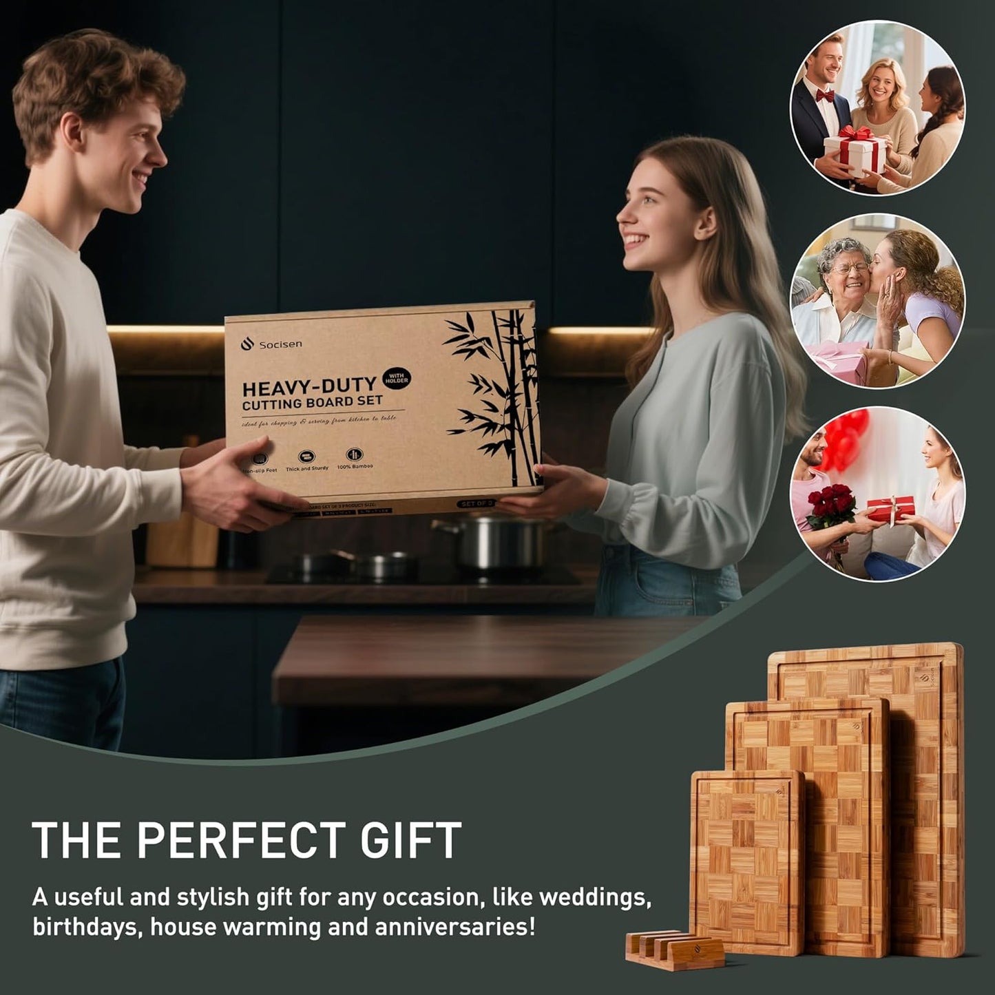 Skiennix Heavy Duty Bamboo Cutting Board Set - Non-Toxic, Extra Large, Solid End Grain Design | Ideal Kitchen Gift