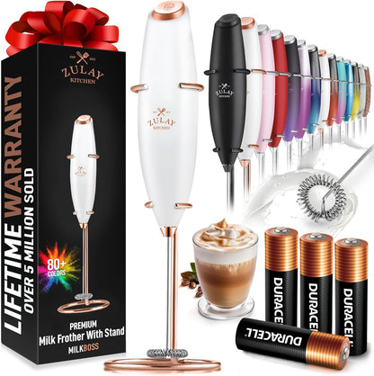 Zulay Kitchen Milk Frother Wand - Ultra-Fast Electric Whisk for Coffee & Lattes - White & Rose Gold