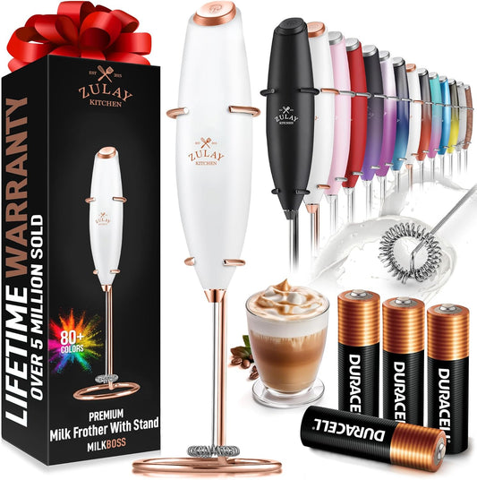 Zulay Kitchen Milk Frother Wand - Ultra-Fast Electric Whisk for Coffee & Lattes - White & Rose Gold